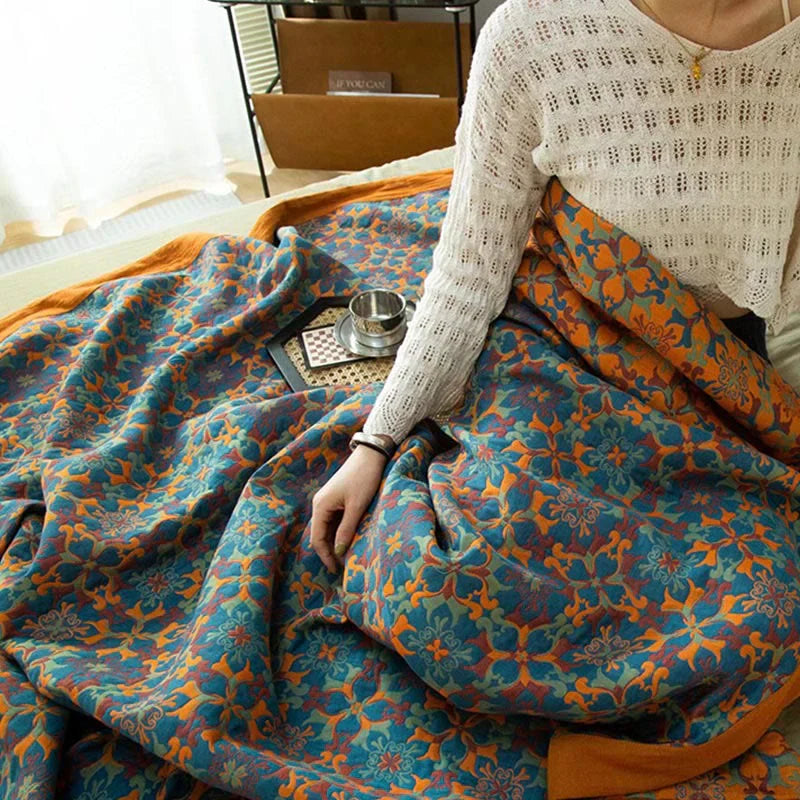 Orange & Blue Pattern Six-Layer Cotton Quilt - TerraLoom-Duvet-150x240cm-State of Style