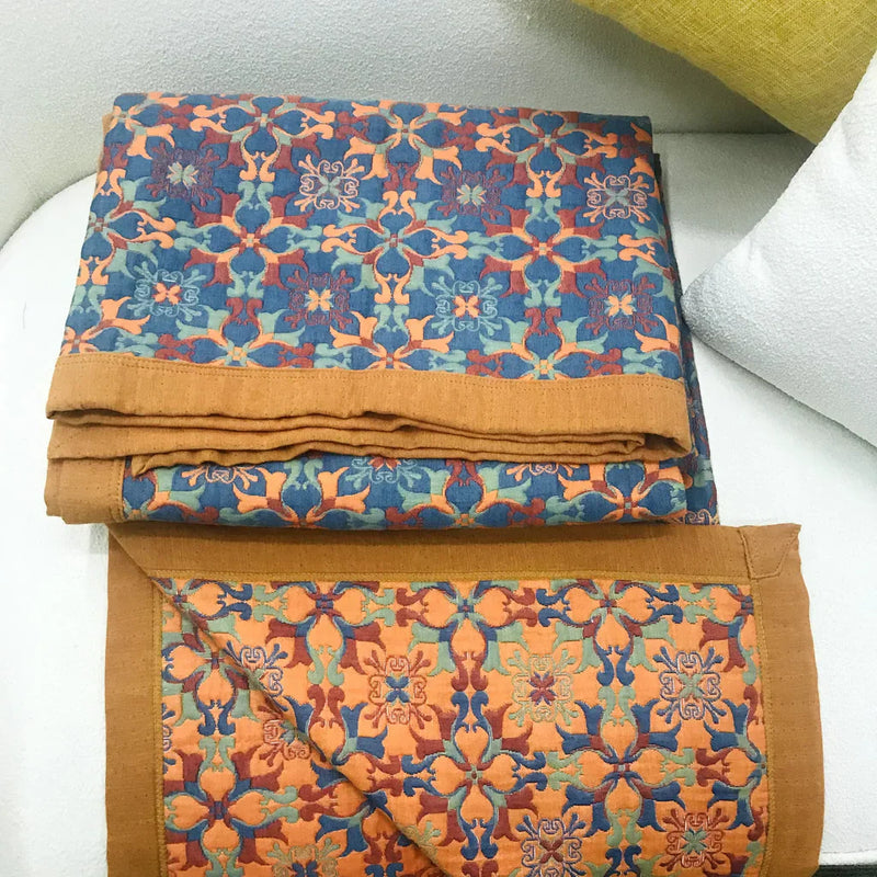 Orange & Blue Pattern Six-Layer Cotton Quilt - TerraLoom-Duvet-150x240cm-State of Style