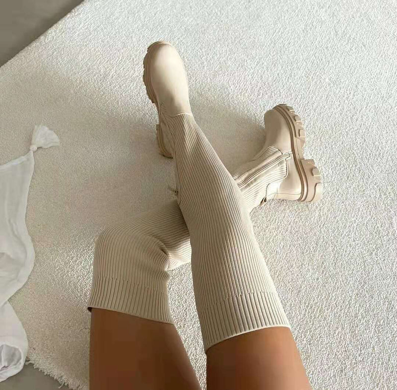 Over-the-knee Sock Boots - Luna-Beige-3.5-State of Style