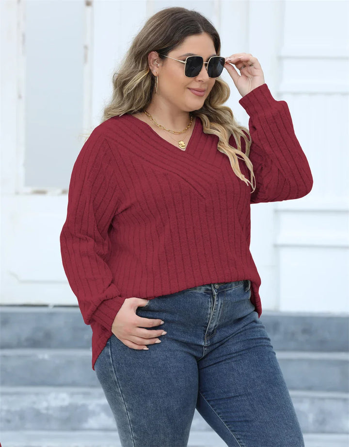 Oversized Ribbed Knit Long Sleeve Top-Red-L-State of Style