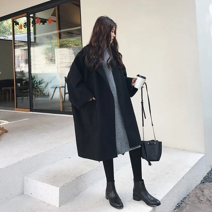 Oversized Wool Blend Trench Coat - Aura-Black-S-State of Style