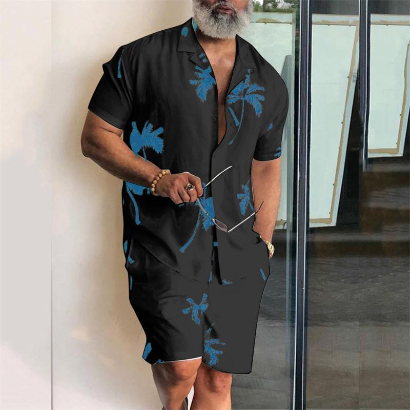 Palm Breeze Men's Set | Short Sleeve Tee & Matching Shorts-Black/Blue-M-State of Style