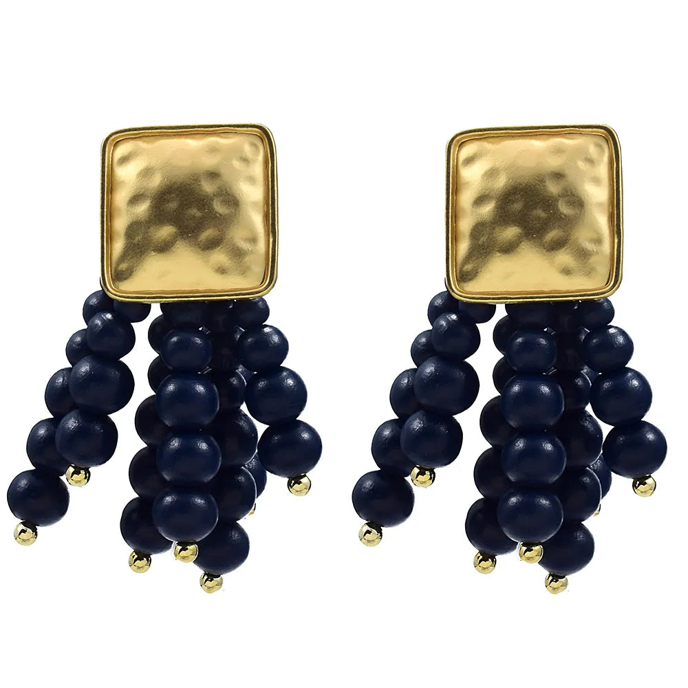 Pearl-Shaped Wooden Chain Drop Earrings | Unique Handmade Jewellery-BLUE-State of Style