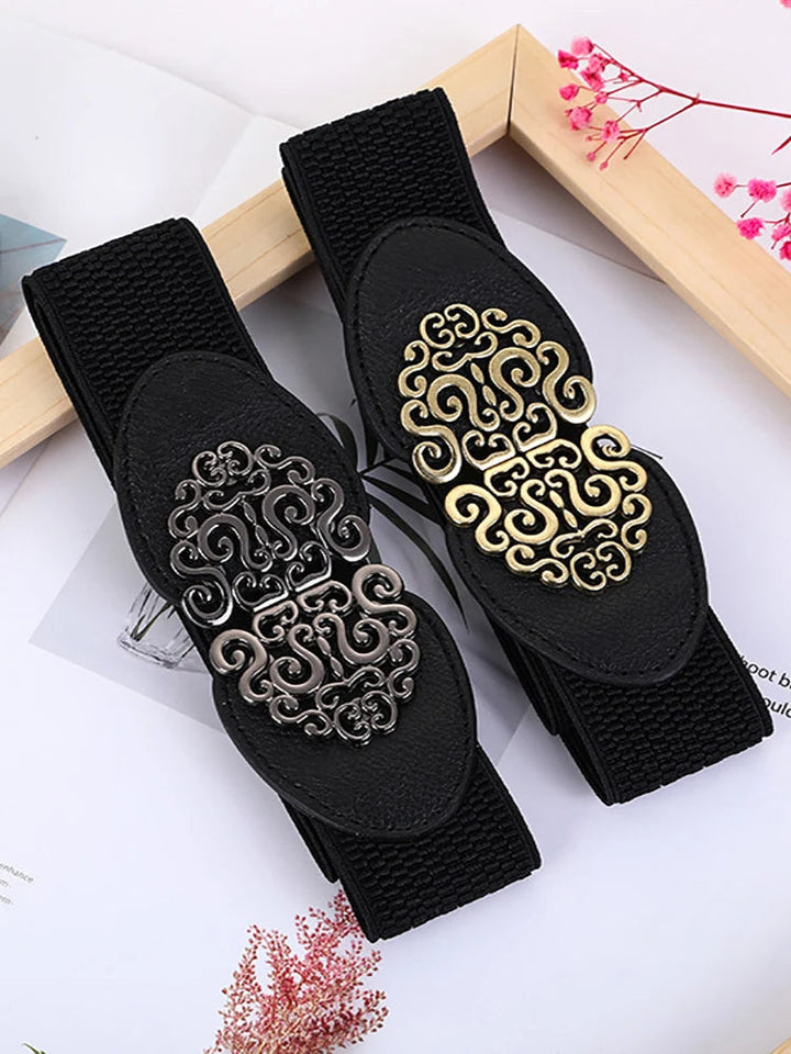 Pia Traditional Belt – Wide Elastic Belt with Elegant Rose Buckle-Black/brown buckle-State of Style