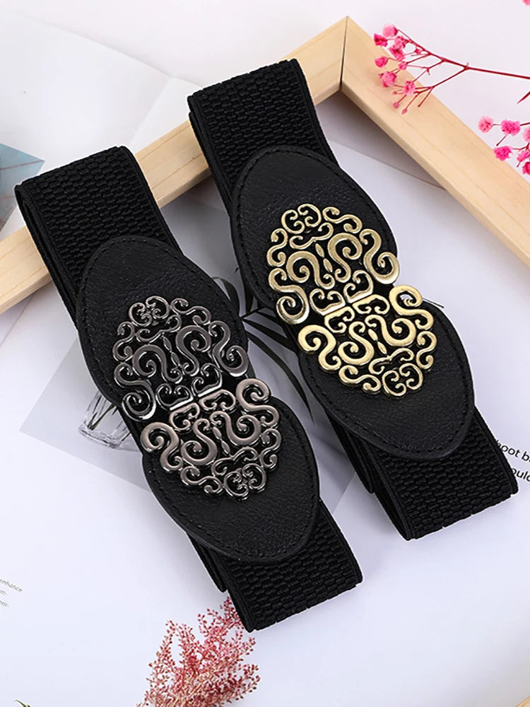 Pia Traditional Belt – Wide Elastic Belt with Elegant Rose Buckle-Black/brown buckle-State of Style