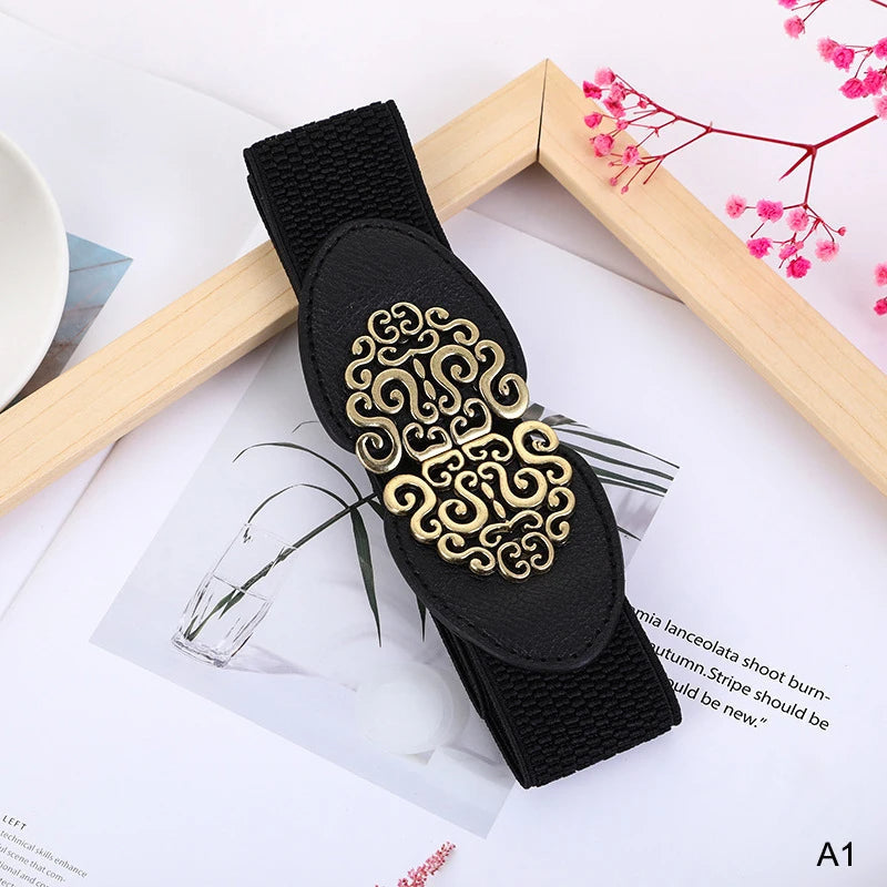 Pia Traditional Belt – Wide Elastic Belt with Elegant Rose Buckle-Black/brown buckle-State of Style