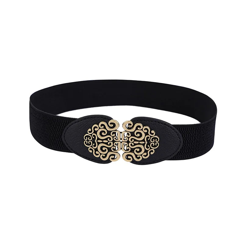 Pia Traditional Belt – Wide Elastic Belt with Elegant Rose Buckle-Black/brown buckle-State of Style