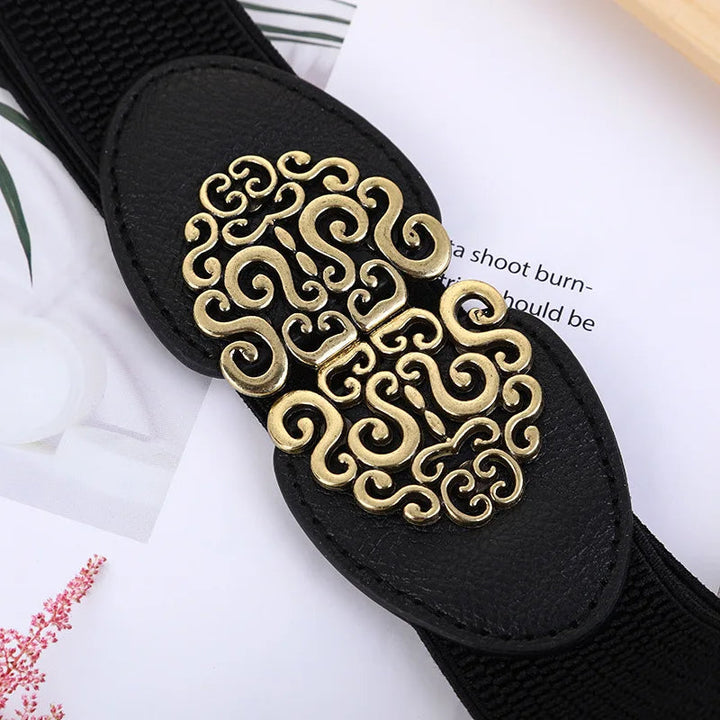 Pia Traditional Belt – Wide Elastic Belt with Elegant Rose Buckle-Black/brown buckle-State of Style