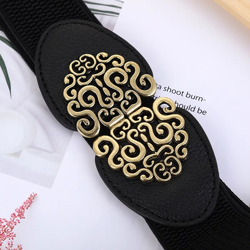 Pia Traditional Belt – Wide Elastic Belt with Elegant Rose Buckle-Black/brown buckle-State of Style