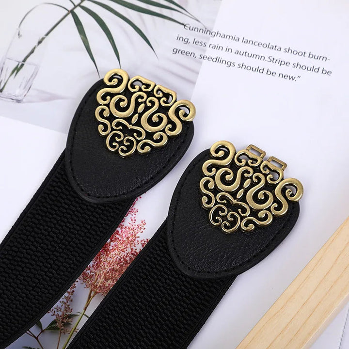 Pia Traditional Belt – Wide Elastic Belt with Elegant Rose Buckle-Black/brown buckle-State of Style