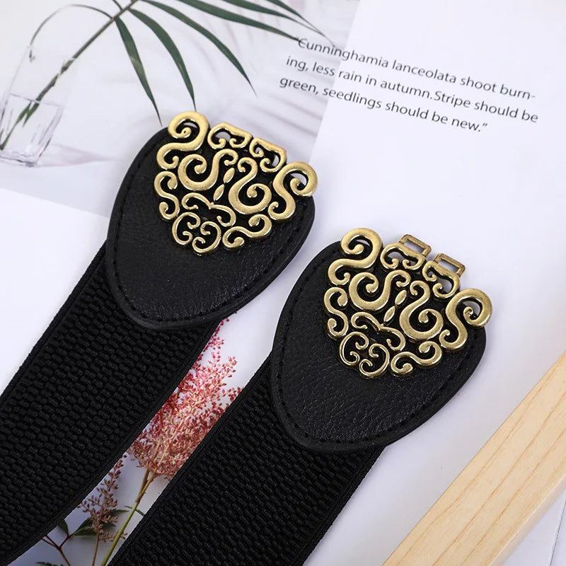 Pia Traditional Belt – Wide Elastic Belt with Elegant Rose Buckle-Black/brown buckle-State of Style