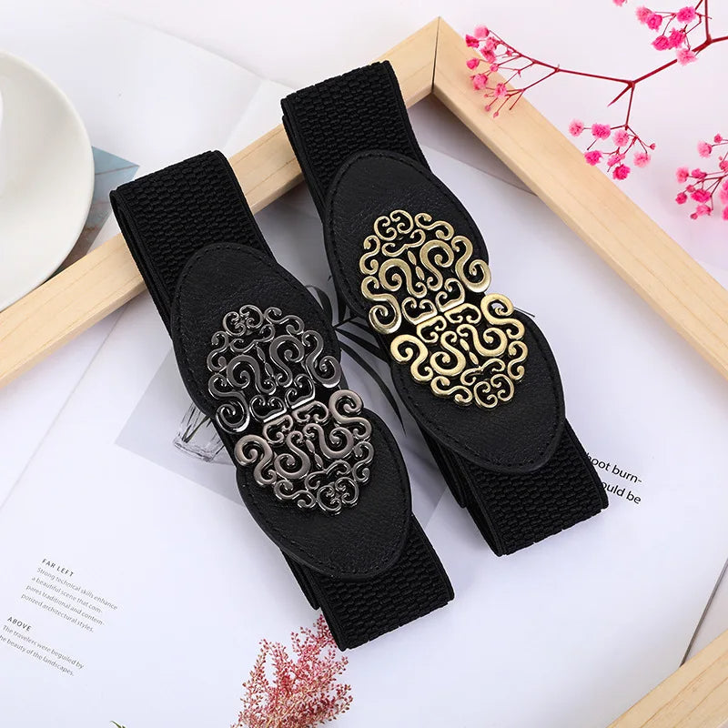Pia Traditional Belt – Wide Elastic Belt with Elegant Rose Buckle-Black/brown buckle-State of Style