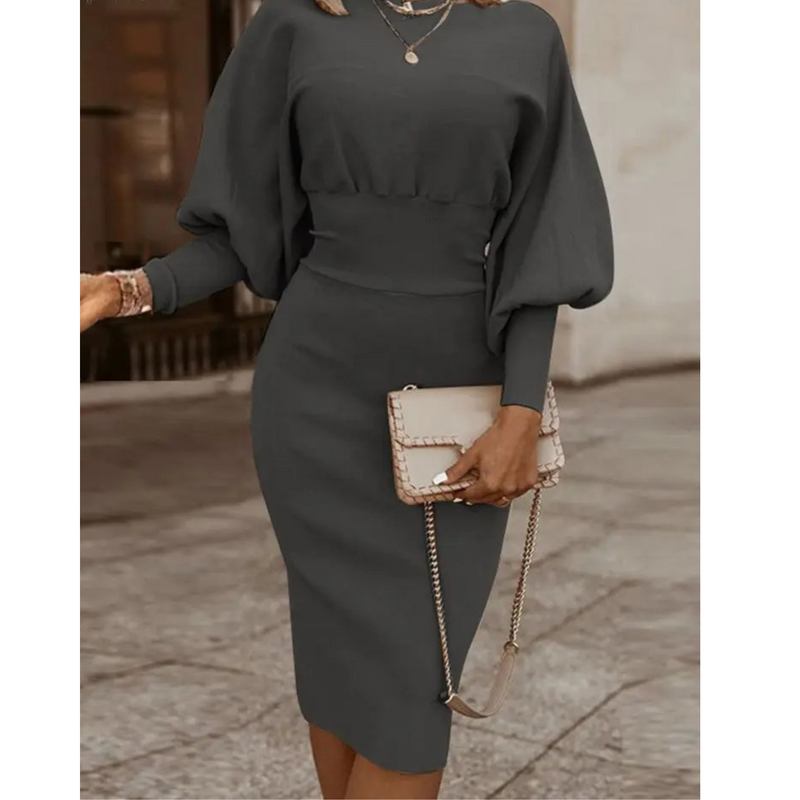 Plain Colour Cocktail Dress with Lantern Sleeves - Lena-Grey-S-State of Style