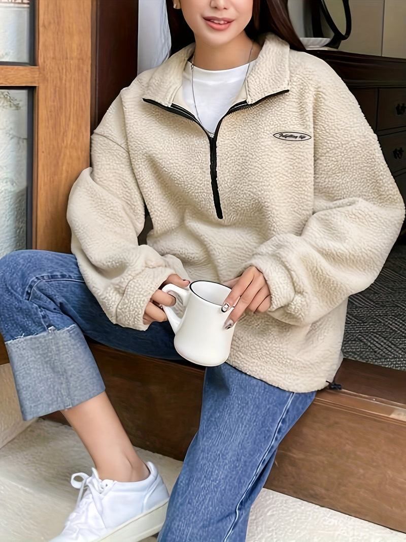 Plain Pullover Sweatshirt with Zipper - Nina-Green-S-State of Style