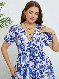 Plus-Size A-Line Party Dress with Floral Print & V-Neck-Blue-2XL-State of Style