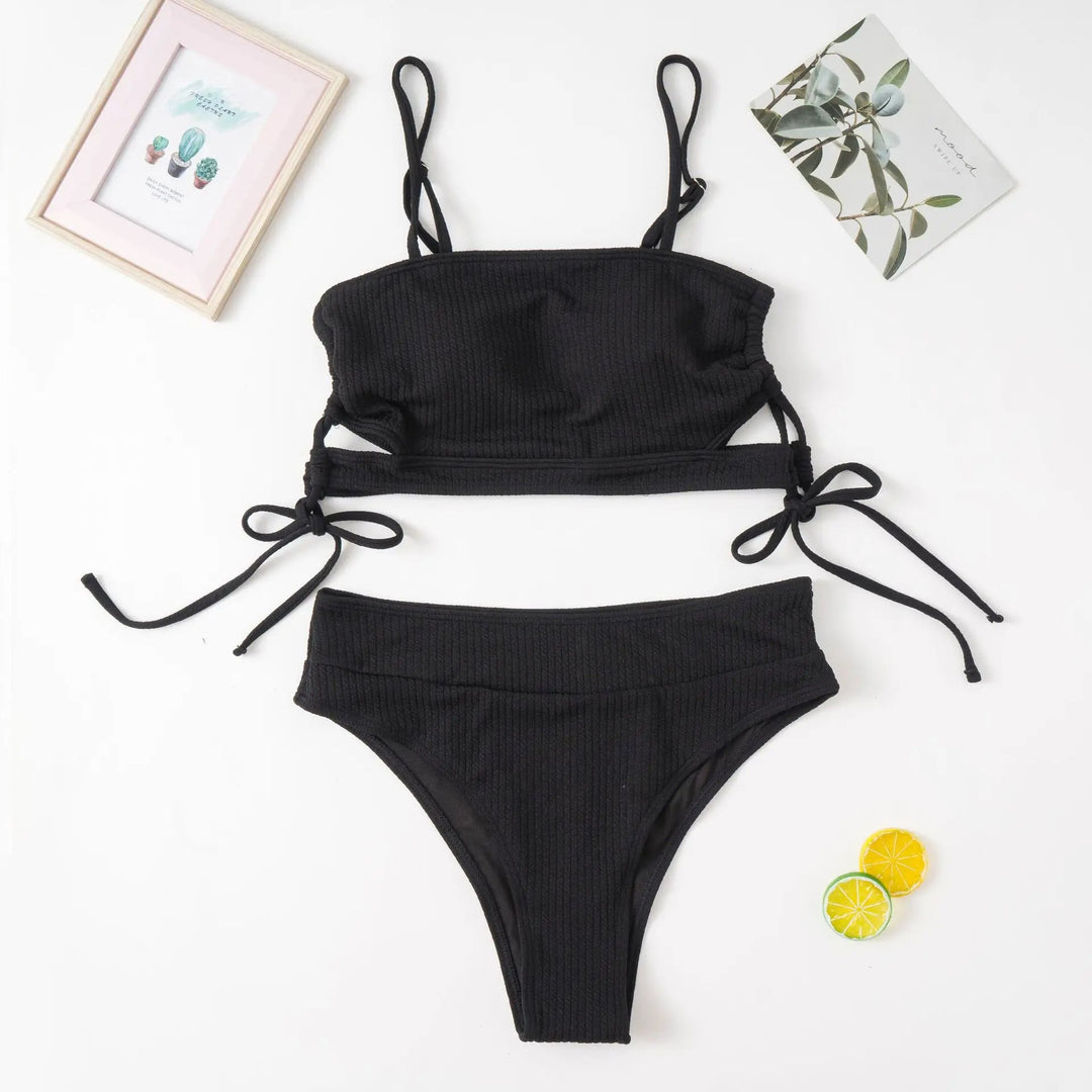 Plus Size Beach Babe Bikini Set with Side Tie-Black-2XL-State of Style
