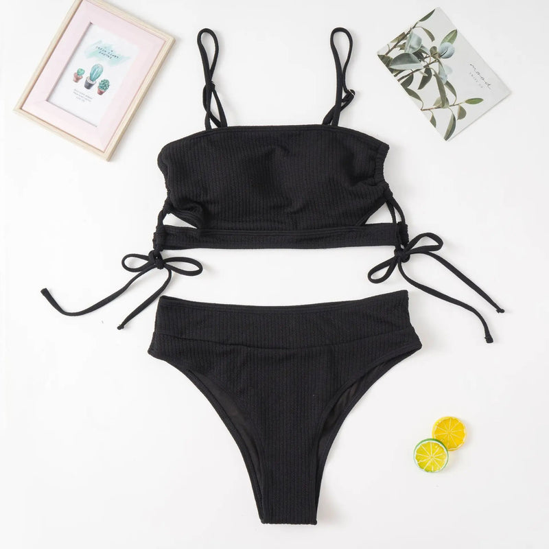 Plus Size Beach Babe Bikini Set with Side Tie-Black-2XL-State of Style