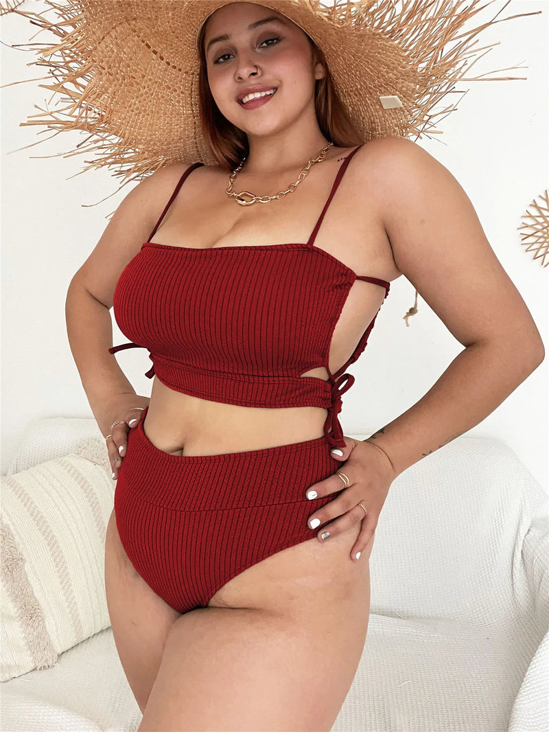 Plus Size Beach Babe Bikini Set with Side Tie-Wine Red-2XL-State of Style
