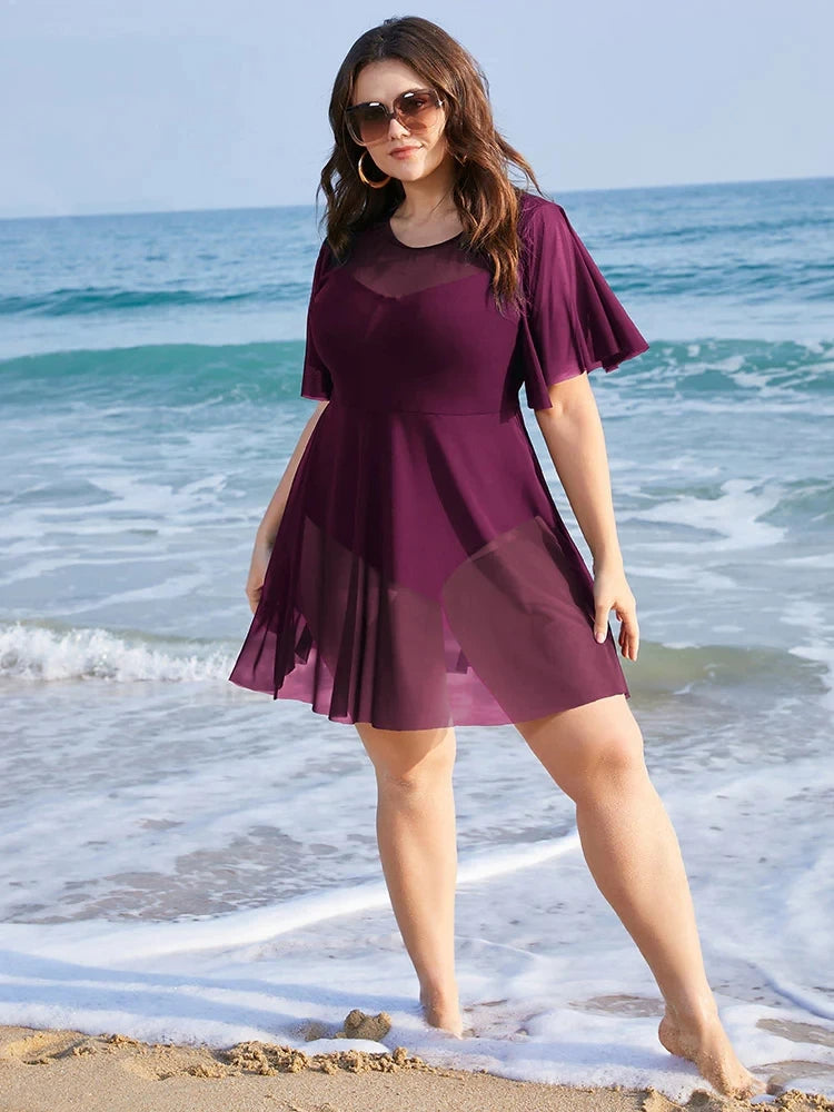 Plus Size Beach Cover-Up with Ruffle Sleeves & Elegant Mesh Detail-Blue-2XL-State of Style