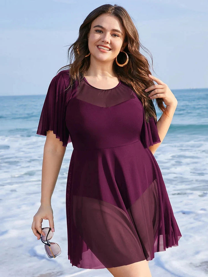 Plus Size Beach Cover-Up with Ruffle Sleeves & Elegant Mesh Detail-Wine Red-2XL-State of Style