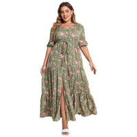 Plus-Size Boho Summer Dress with Floral Print-Army Green-2XL-State of Style
