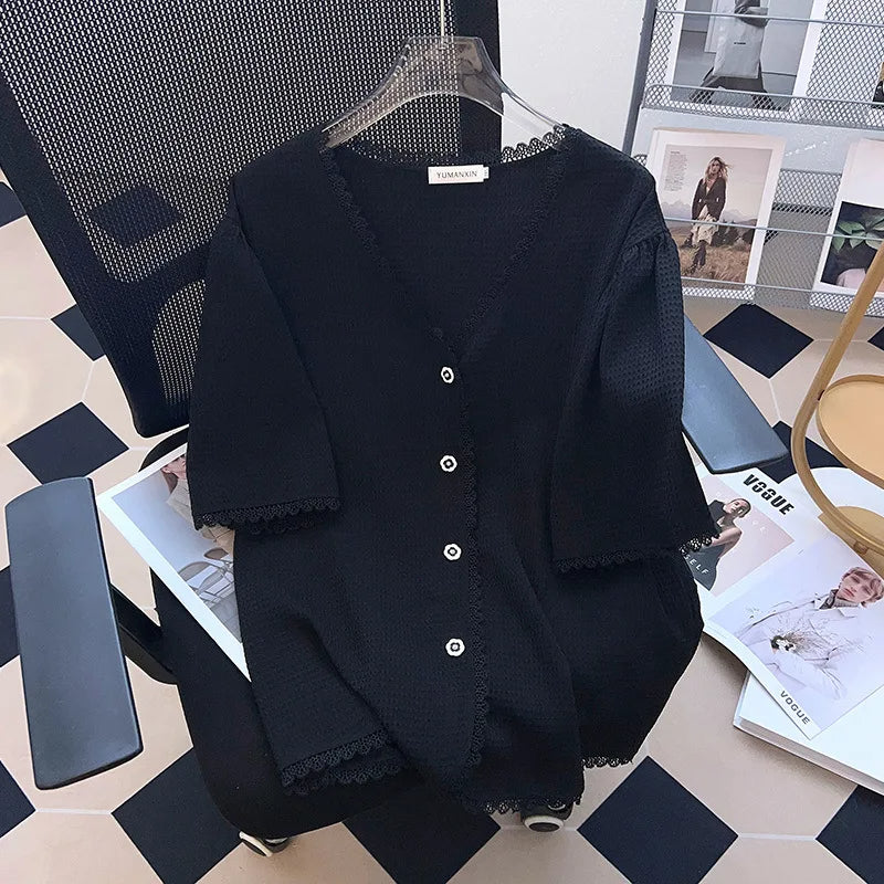 Plus Size Casual T-Shirt Cardigan-Black-6XL-State of Style