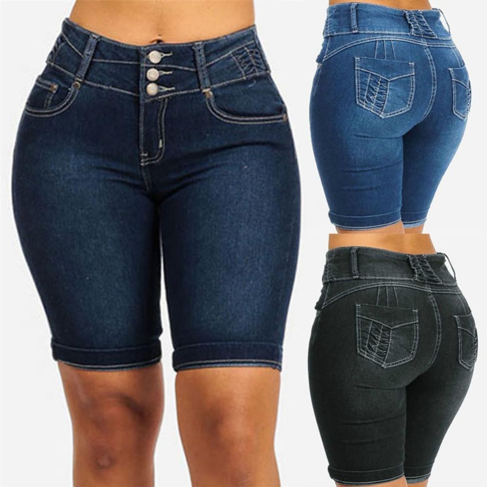 Plus-Size Curve-Hugging Denim Shorts – Vintage-Inspired Slim Fit-Black-2XL-State of Style