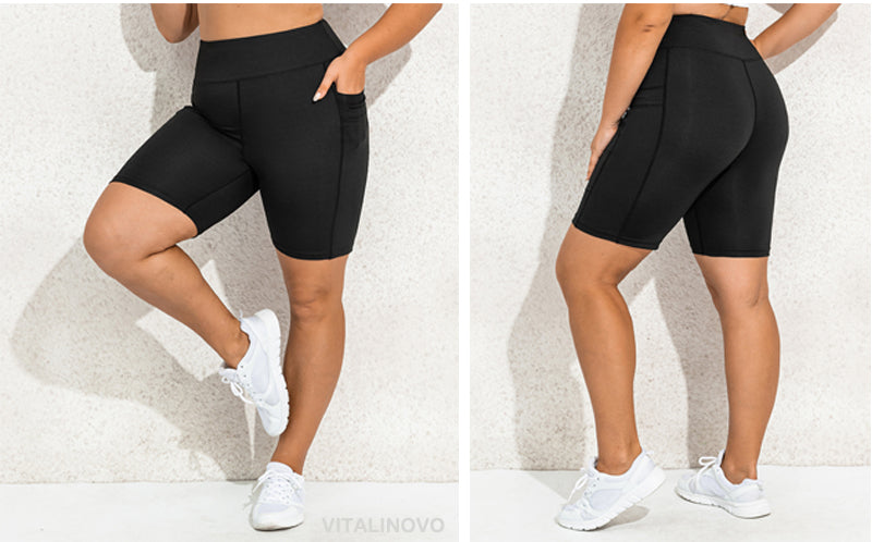 Plus Size CurveFit High-Waisted Biker Shorts-Black with Sheer Pocket-2XL-State of Style
