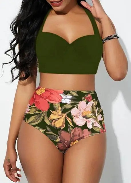 Plus Size Floral Fantasy Push-Up Bikini Set-Green-2XL-State of Style