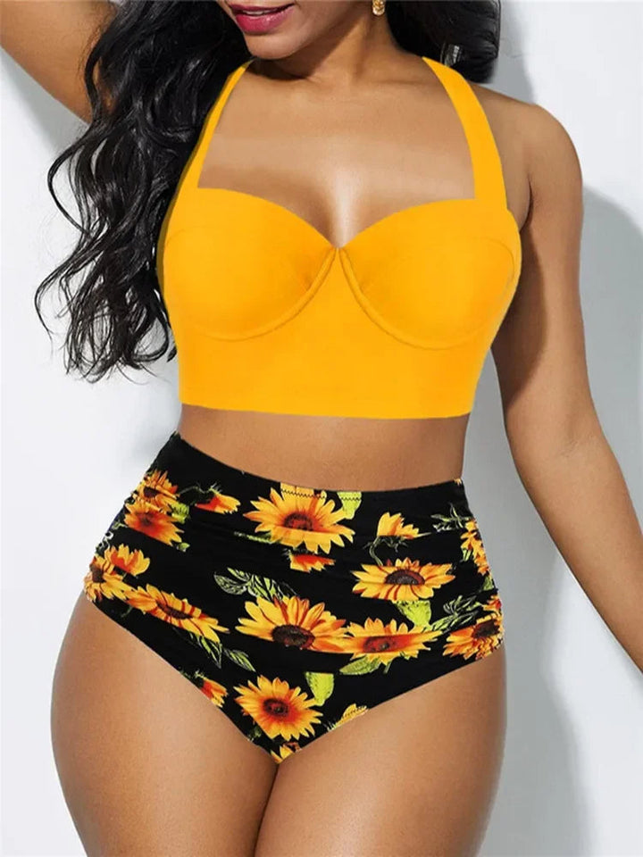 Plus Size Floral Fantasy Push-Up Bikini Set-Yellow B-2XL-State of Style