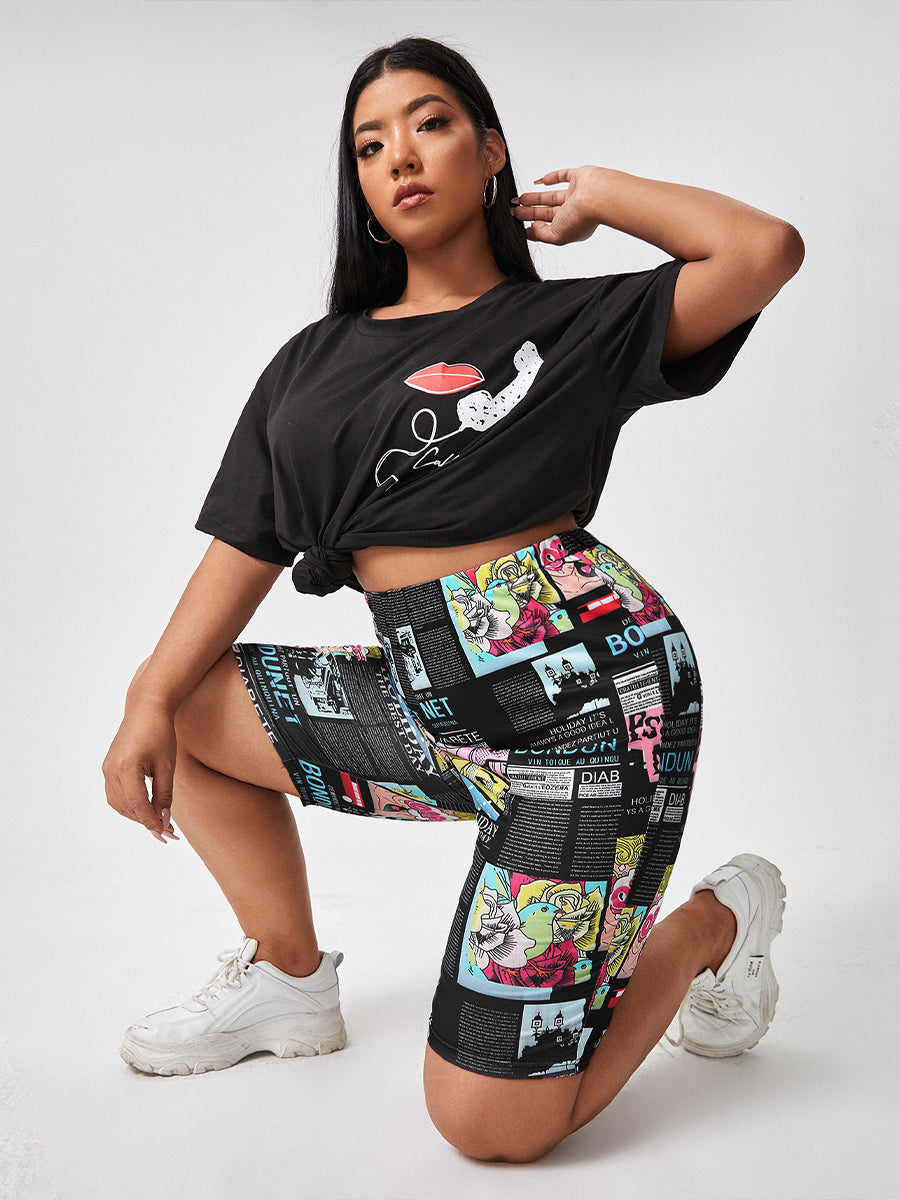 Plus Size Fun Cartoon Print High-Waisted Shorts-Multicoloured-2XL-State of Style
