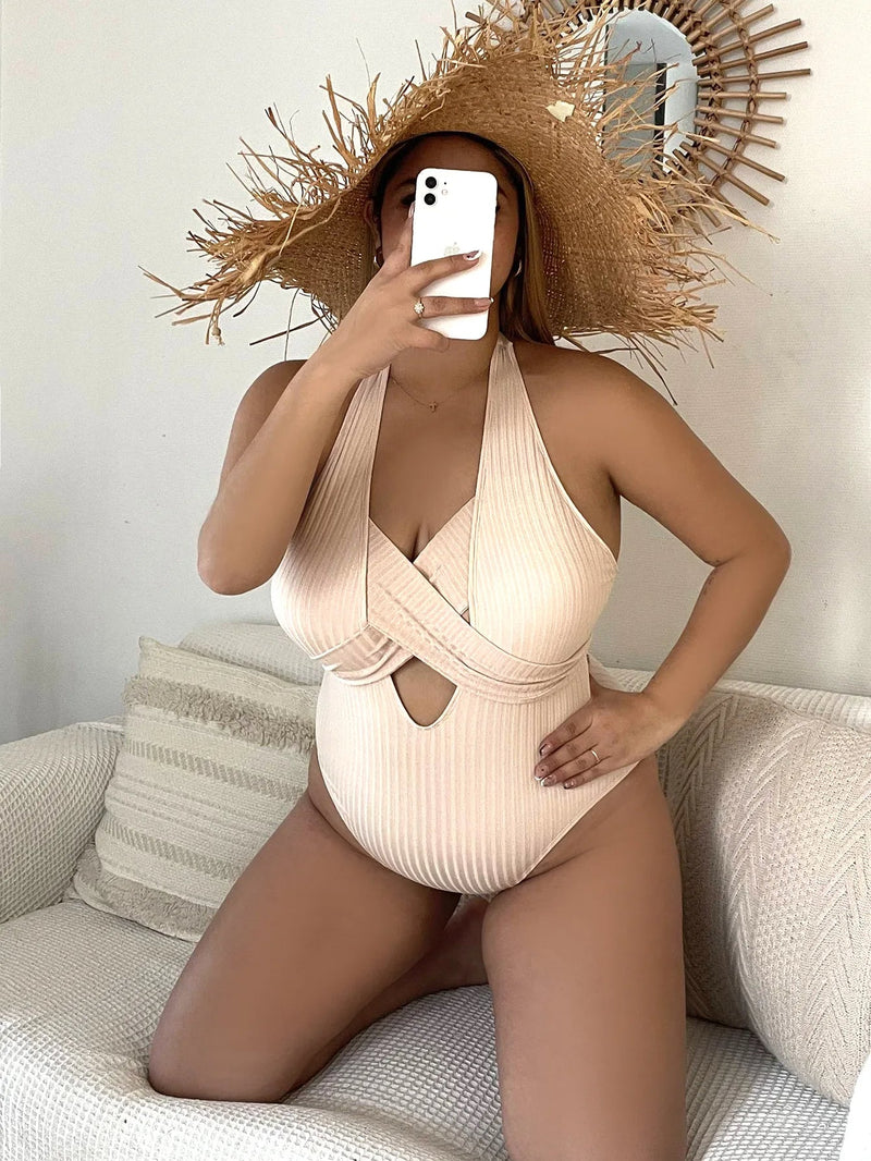 Plus Size High Waisted Curve-Hugging Bikini-Khaki-2XL-State of Style