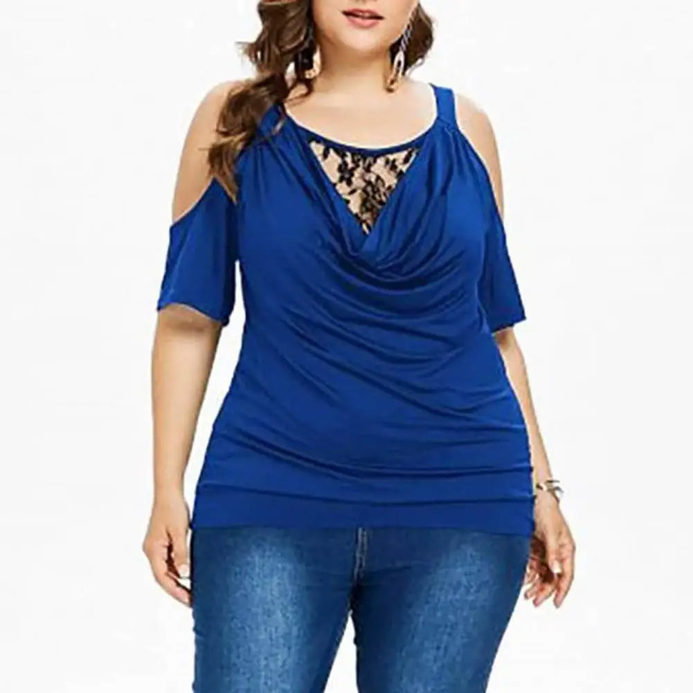 Plus Size Lace Top with Short Sleeves – Off-Shoulder Design-Black-2XL-State of Style
