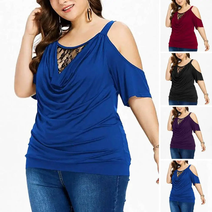 Plus Size Lace Top with Short Sleeves – Off-Shoulder Design-Black-2XL-State of Style