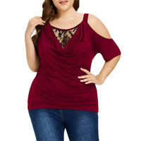 Plus Size Lace Top with Short Sleeves – Off-Shoulder Design-Wine Red-2XL-State of Style