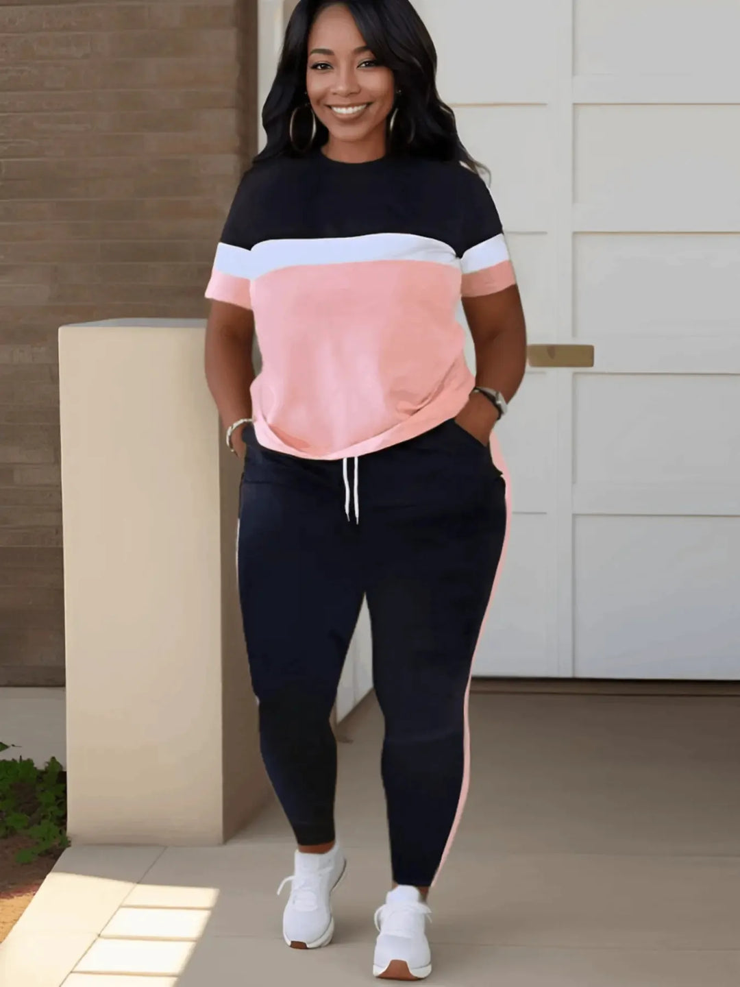 Plus-Size Patchwork Drawstring Pants Set-Pink-XL-State of Style