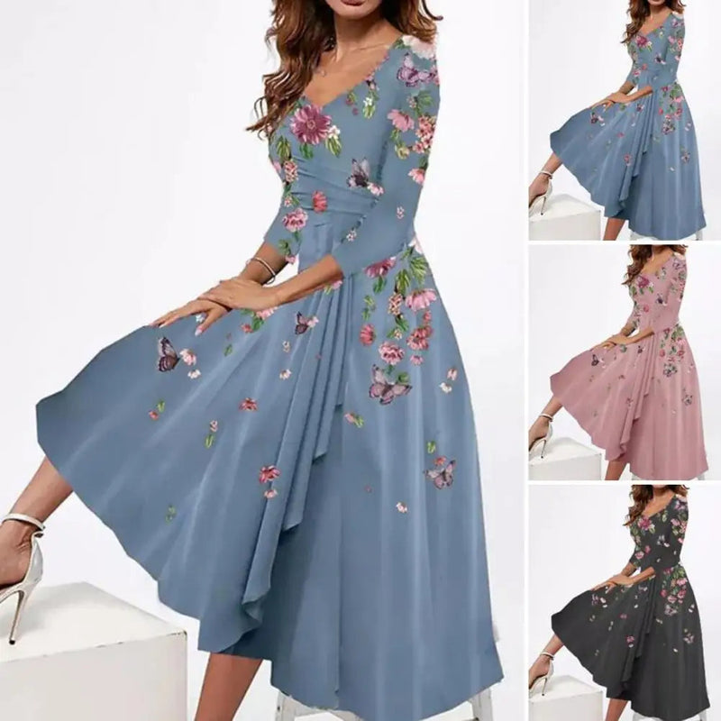 Plus Size Summer Dress with Butterfly Blooms & V-Neck-Black-2XL-State of Style