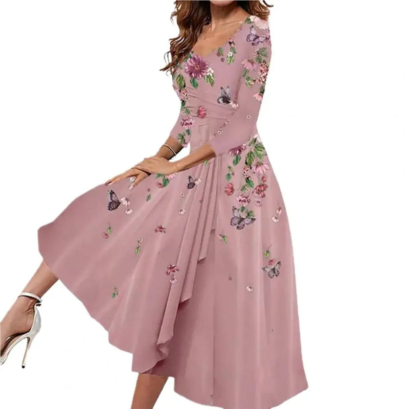 Plus Size Summer Dress with Butterfly Blooms & V-Neck-Pink-2XL-State of Style