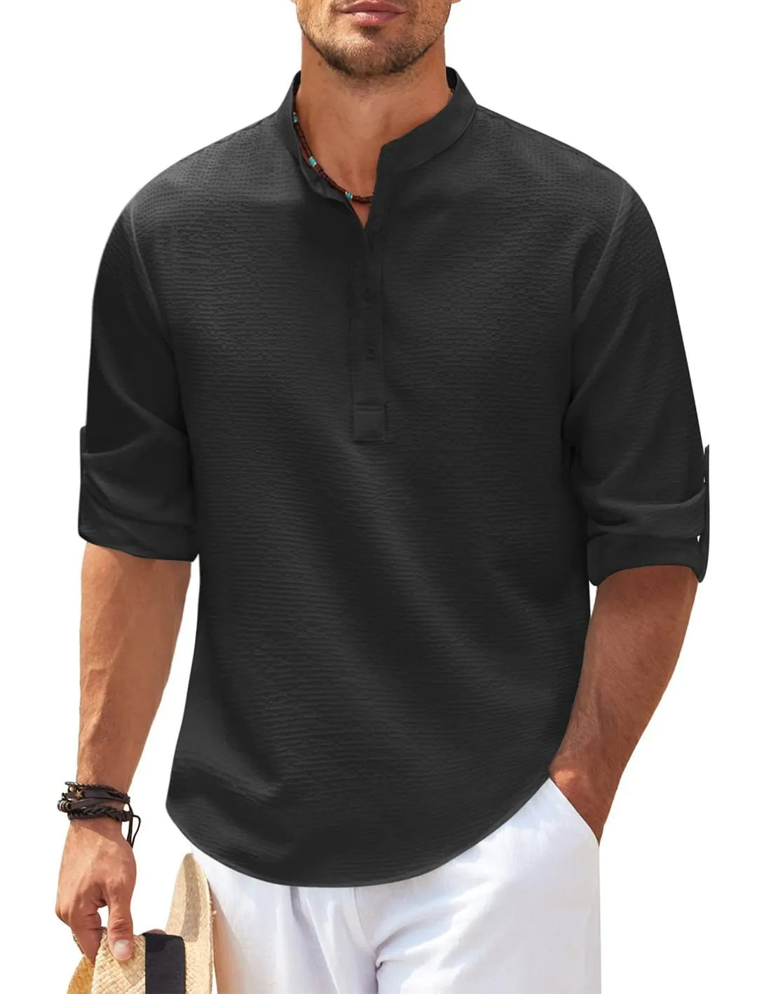 Plus Size Summer Mandarin Collar Shirt-Black-2XL-State of Style