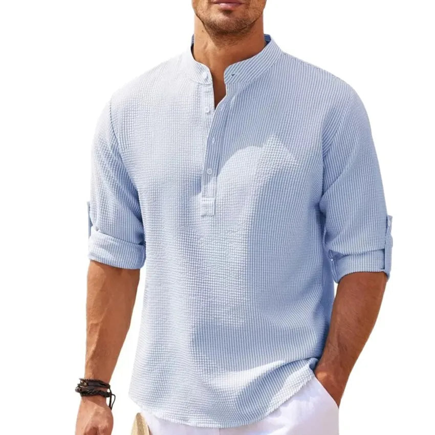 Plus Size Summer Mandarin Collar Shirt-Blue-2XL-State of Style