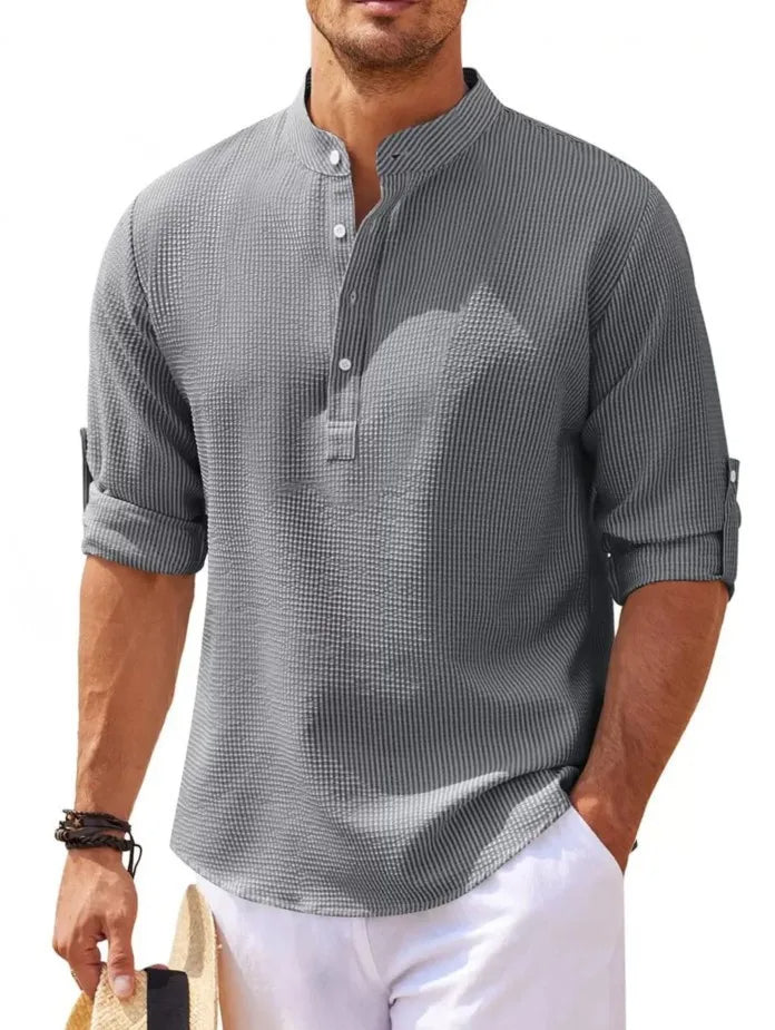 Plus Size Summer Mandarin Collar Shirt-Dark Grey-2XL-State of Style