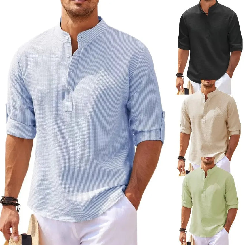Plus Size Summer Mandarin Collar Shirt-Dark Grey-2XL-State of Style