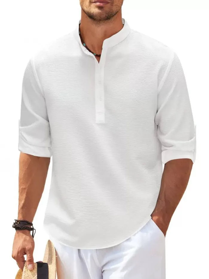 Plus Size Summer Mandarin Collar Shirt-White-2XL-State of Style