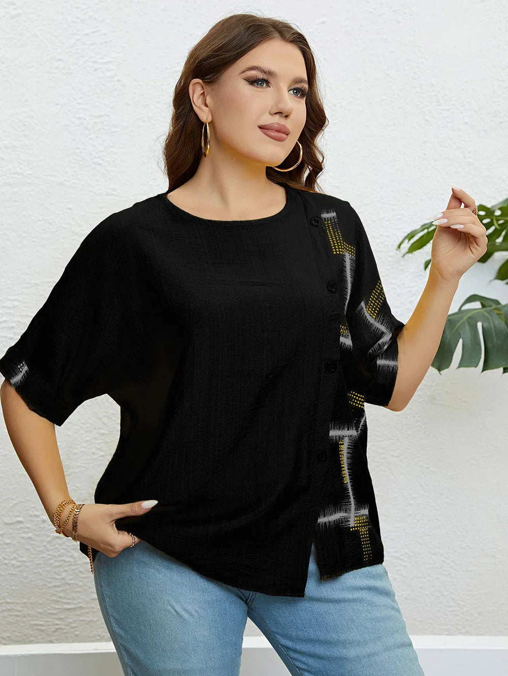 Plus Size Women's Summer Top with Round Neck & Front Button Placket-Yellow-2XL-State of Style