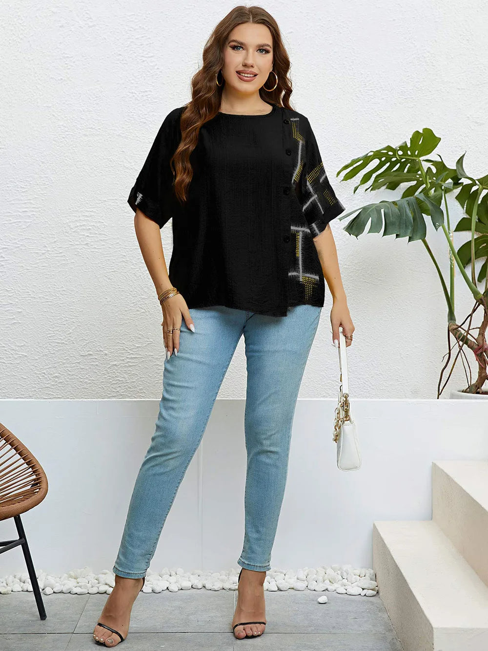 Plus Size Women's Summer Top with Round Neck & Front Button Placket-Yellow-2XL-State of Style
