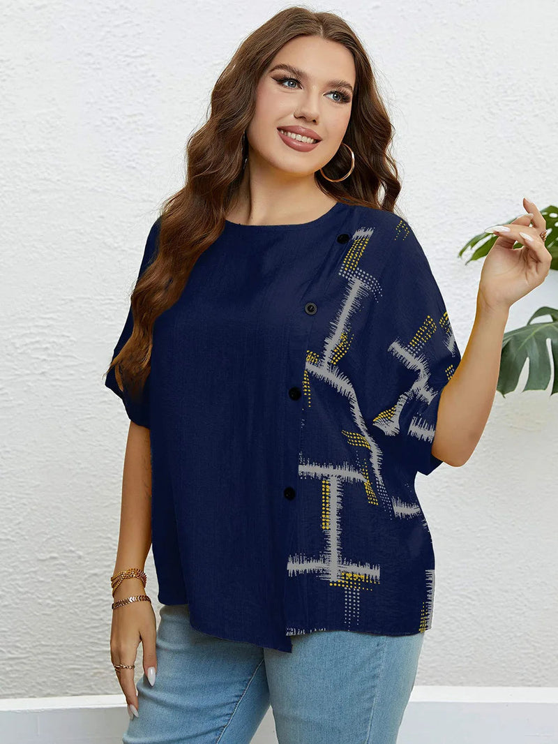 Plus Size Women's Summer Top with Round Neck & Front Button Placket-Yellow-2XL-State of Style
