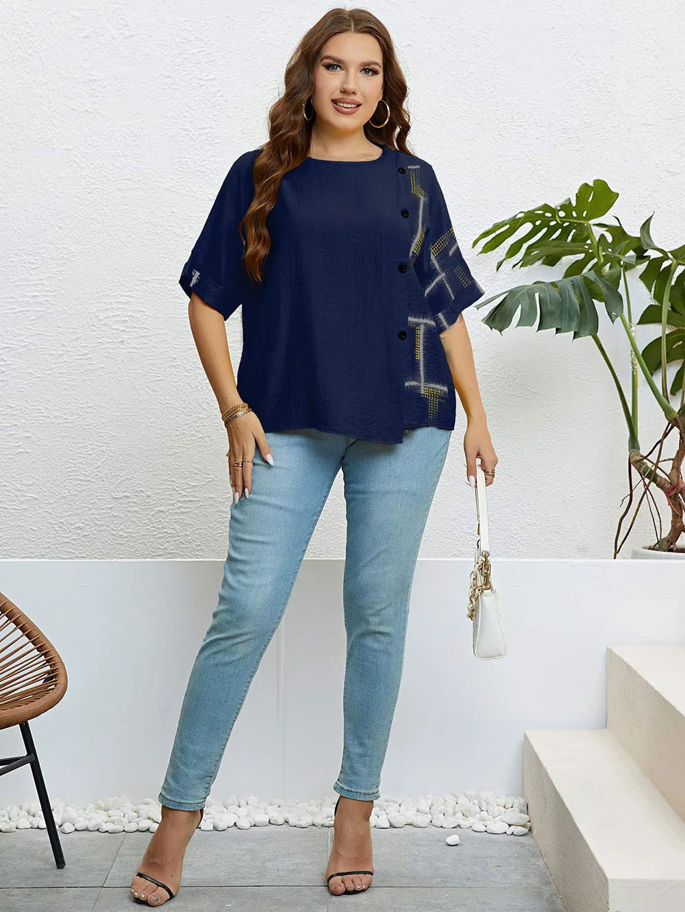 Plus Size Women's Summer Top with Round Neck & Front Button Placket-Yellow-2XL-State of Style