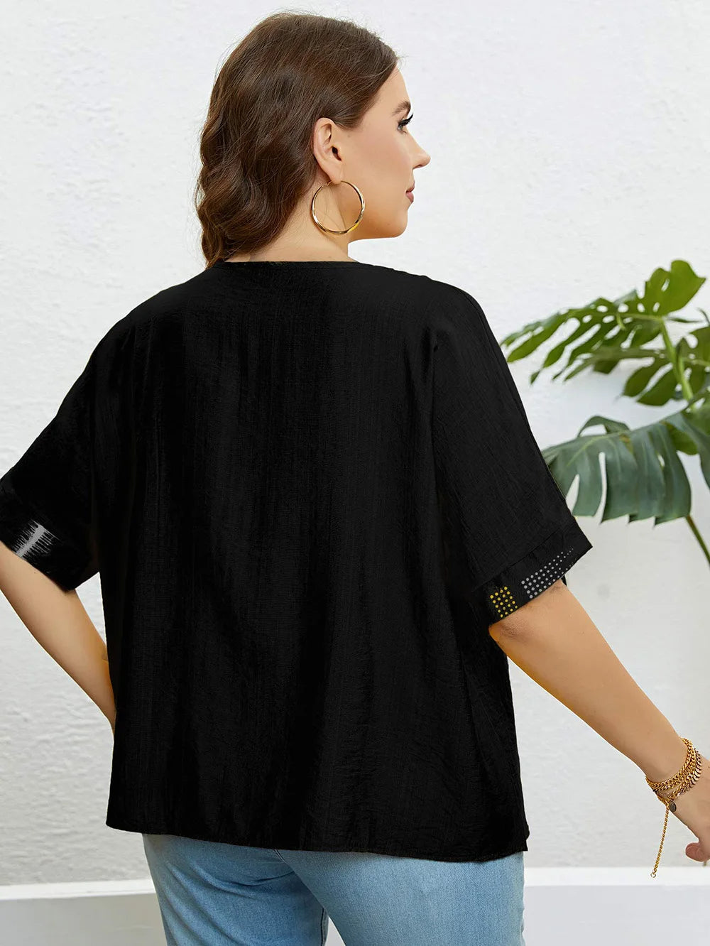 Plus Size Women's Summer Top with Round Neck & Front Button Placket-Yellow-2XL-State of Style