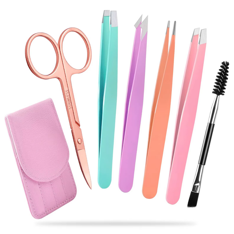 Precision Tweezer Set - 6-piece for Eyebrows with Travel Case-Multicoloured-State of Style