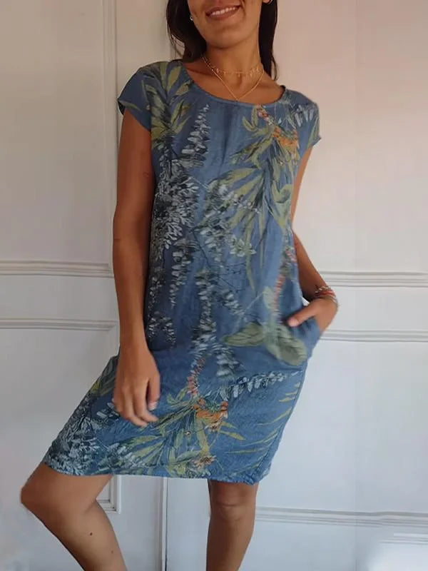 Printed dress with round neckline – Eveline-Blue-S-State of Style